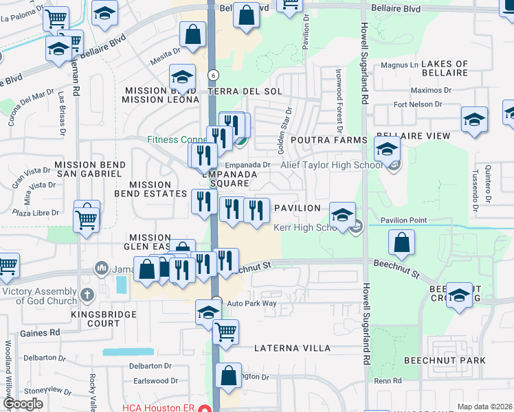 map of restaurants, bars, coffee shops, grocery stores, and more near 14402 Pavilion Point in Houston