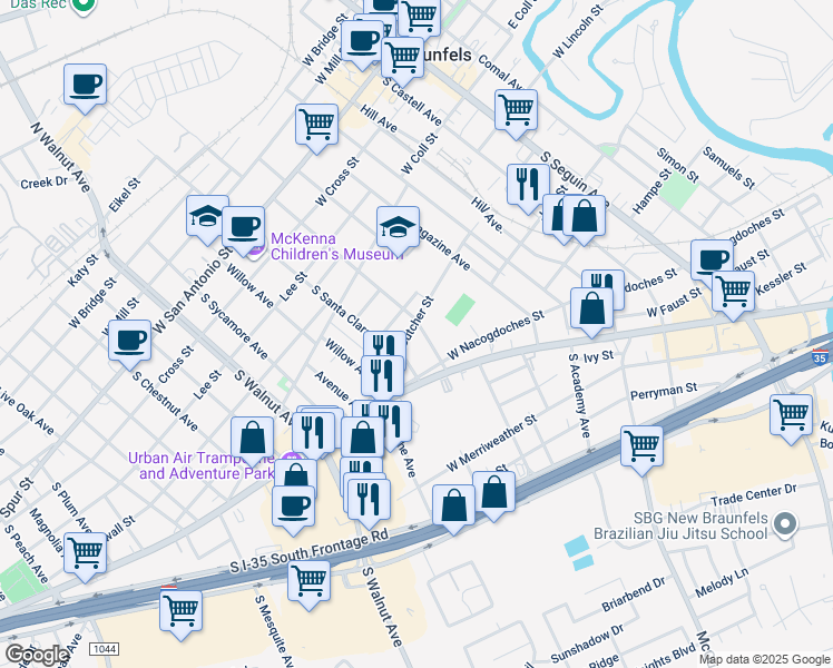 map of restaurants, bars, coffee shops, grocery stores, and more near 610 Butcher Street in New Braunfels