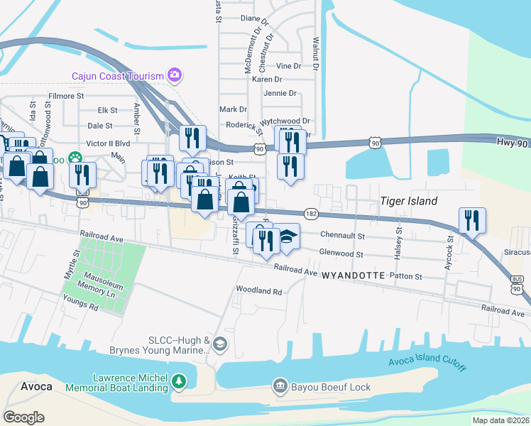 map of restaurants, bars, coffee shops, grocery stores, and more near 1 Chennault Street in Morgan City