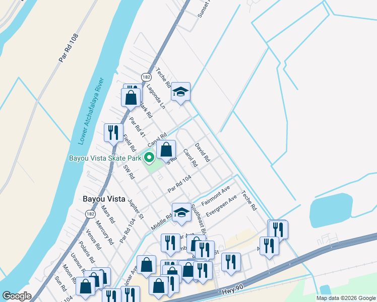 map of restaurants, bars, coffee shops, grocery stores, and more near 478-544 Clark Road in Morgan City