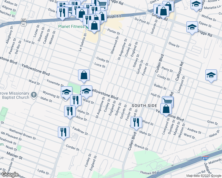 map of restaurants, bars, coffee shops, grocery stores, and more near 6603 Saint Augustine Street in Houston