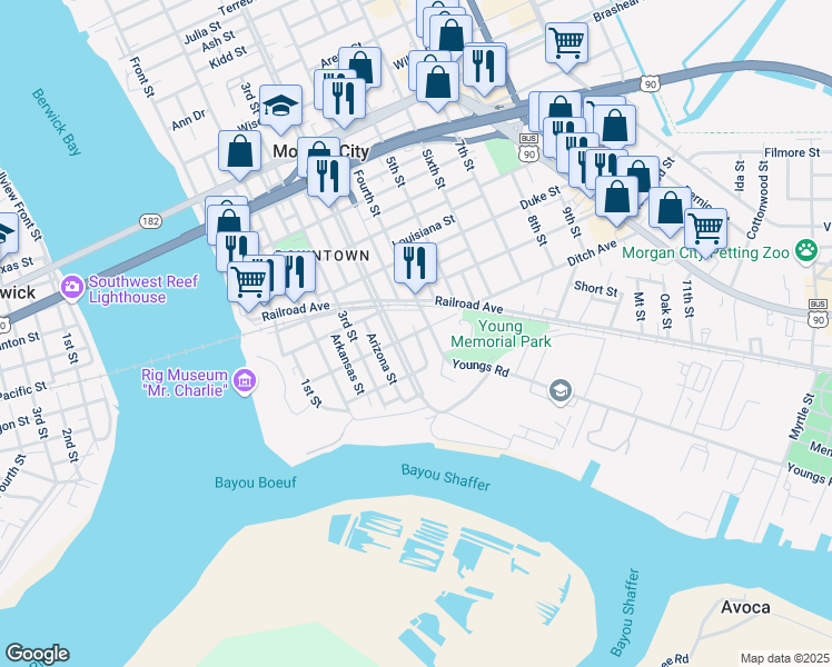 map of restaurants, bars, coffee shops, grocery stores, and more near 200 Florida Street in Morgan City