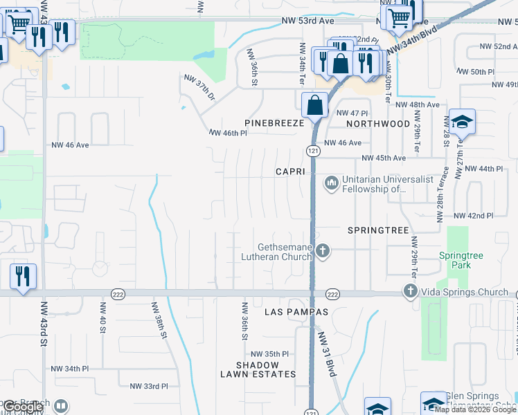 map of restaurants, bars, coffee shops, grocery stores, and more near 4340 Northwest 35th Terrace in Gainesville