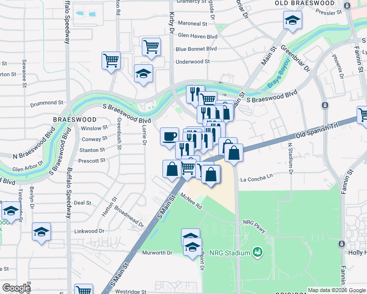 map of restaurants, bars, coffee shops, grocery stores, and more near 8333 Braesmain Drive in Houston