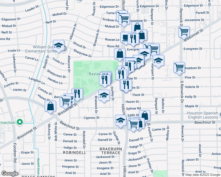 map of restaurants, bars, coffee shops, grocery stores, and more near 6321 Bissonnet Street in Houston