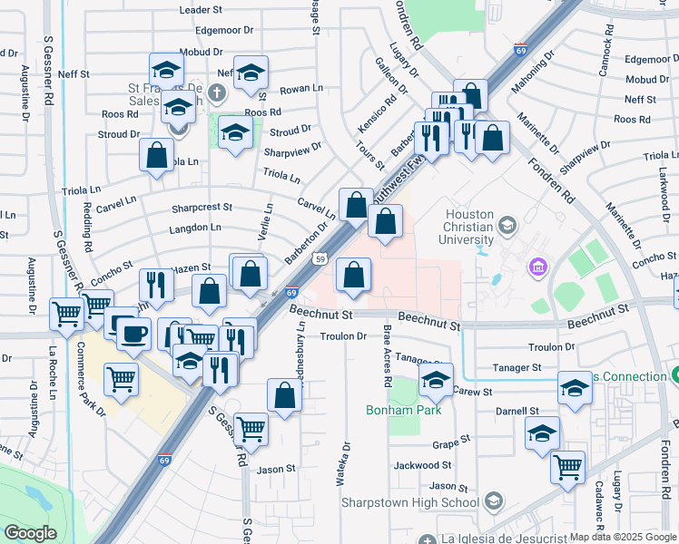 map of restaurants, bars, coffee shops, grocery stores, and more near 7789 Southwest Freeway in Houston