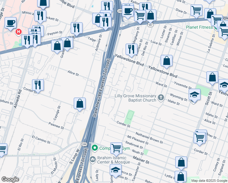 map of restaurants, bars, coffee shops, grocery stores, and more near 3310 Alice Street in Houston