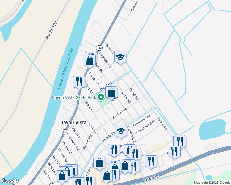 map of restaurants, bars, coffee shops, grocery stores, and more near 301-399 Carol Road in Morgan City