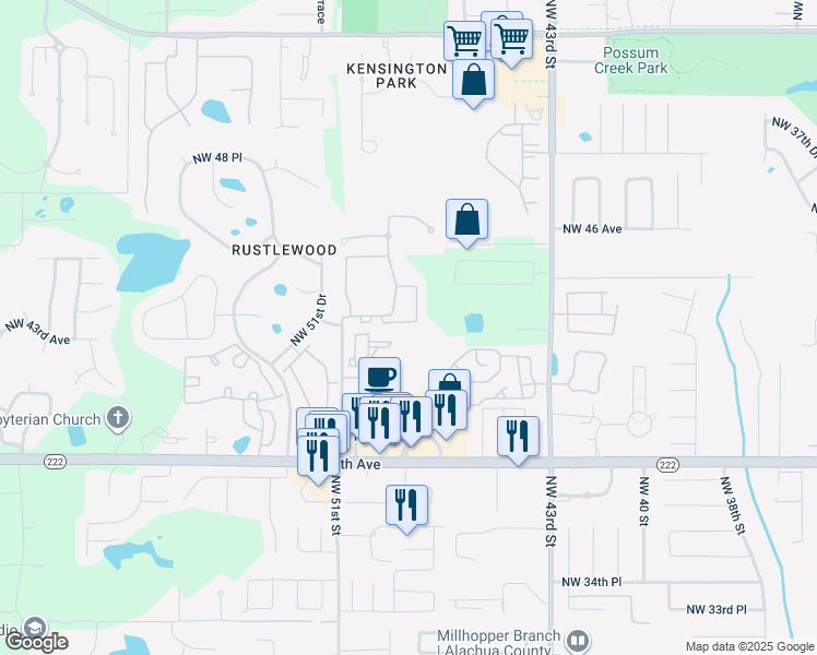 map of restaurants, bars, coffee shops, grocery stores, and more near 4341 Northwest 49th Street in Gainesville