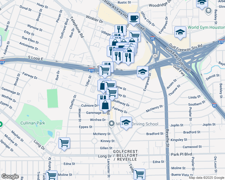 map of restaurants, bars, coffee shops, grocery stores, and more near 7311 Thurow Street in Houston