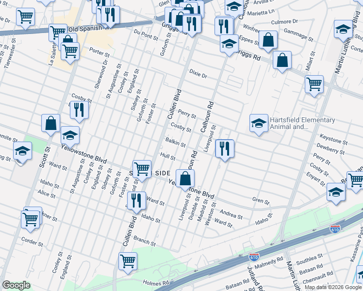 map of restaurants, bars, coffee shops, grocery stores, and more near 6417 London Street in Houston
