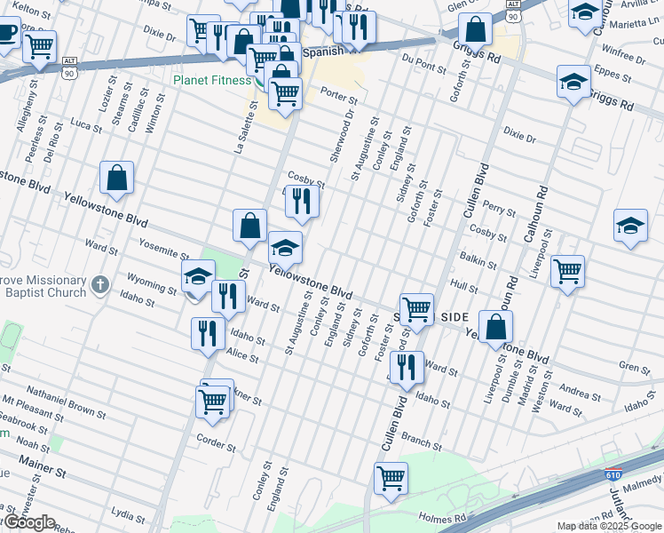 map of restaurants, bars, coffee shops, grocery stores, and more near 6603 Saint Augustine Street in Houston