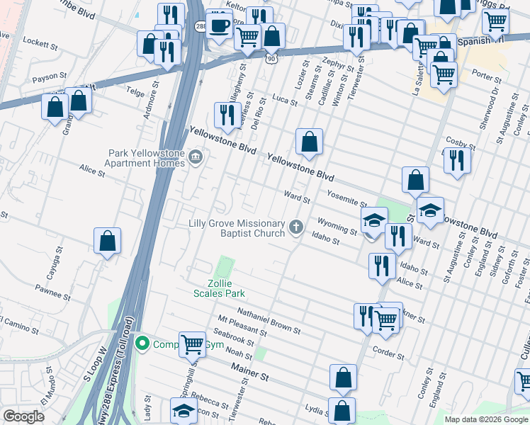 map of restaurants, bars, coffee shops, grocery stores, and more near 7007 Stearns Street in Houston