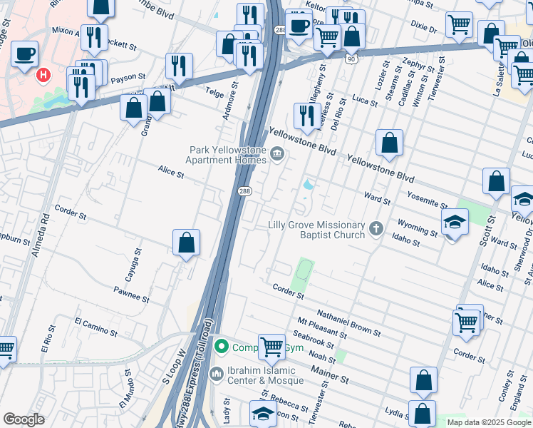 map of restaurants, bars, coffee shops, grocery stores, and more near 3310 Alice Street in Houston