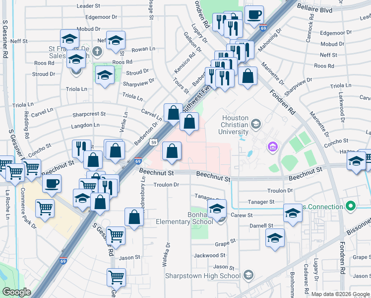 map of restaurants, bars, coffee shops, grocery stores, and more near 7737 Robert Hanna Drive in Houston