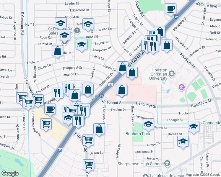 map of restaurants, bars, coffee shops, grocery stores, and more near Southwest Freeway in Houston