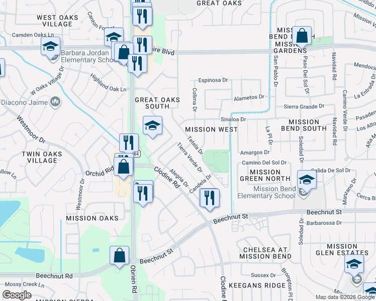 map of restaurants, bars, coffee shops, grocery stores, and more near 7430 Tetela Drive in Houston