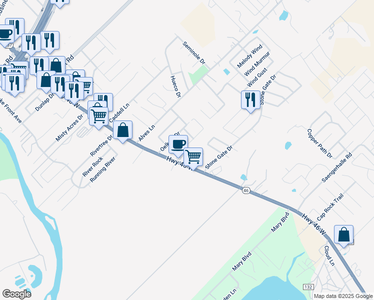 map of restaurants, bars, coffee shops, grocery stores, and more near 254 Rosalie Drive in New Braunfels