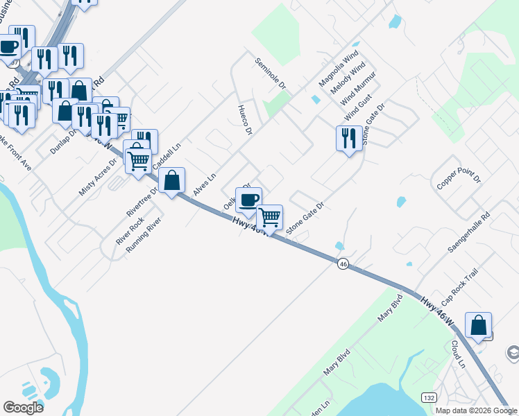 map of restaurants, bars, coffee shops, grocery stores, and more near 254 Rosalie Drive in New Braunfels