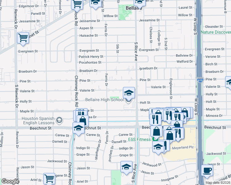 map of restaurants, bars, coffee shops, grocery stores, and more near 5117 Valerie Street in Bellaire