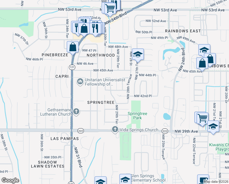 map of restaurants, bars, coffee shops, grocery stores, and more near 4319 Northwest 29th Terrace in Gainesville