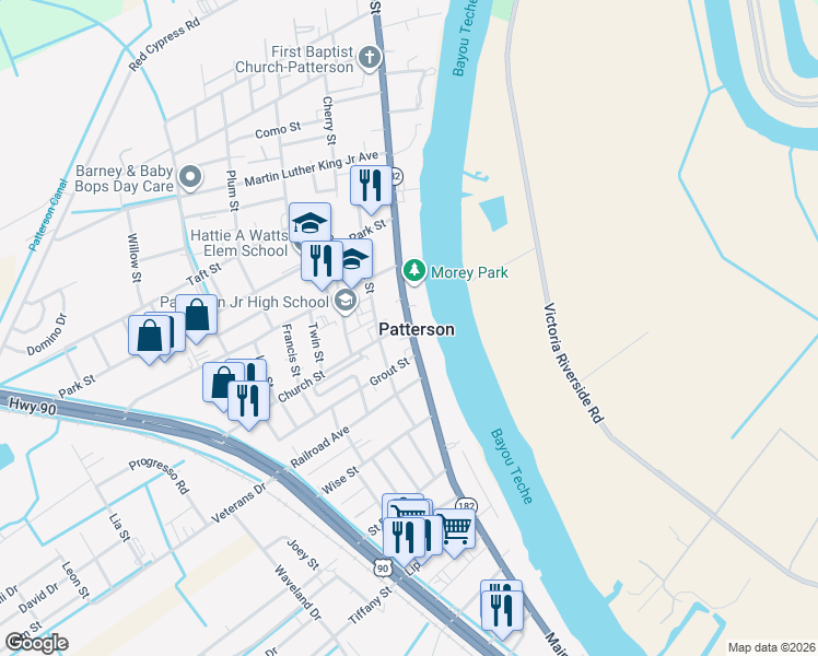 map of restaurants, bars, coffee shops, grocery stores, and more near in Patterson