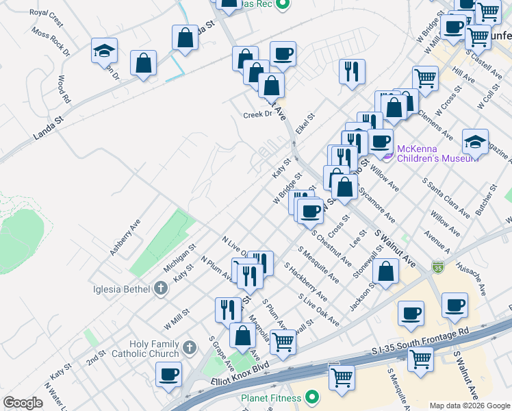 map of restaurants, bars, coffee shops, grocery stores, and more near 1378 Katy Street in New Braunfels