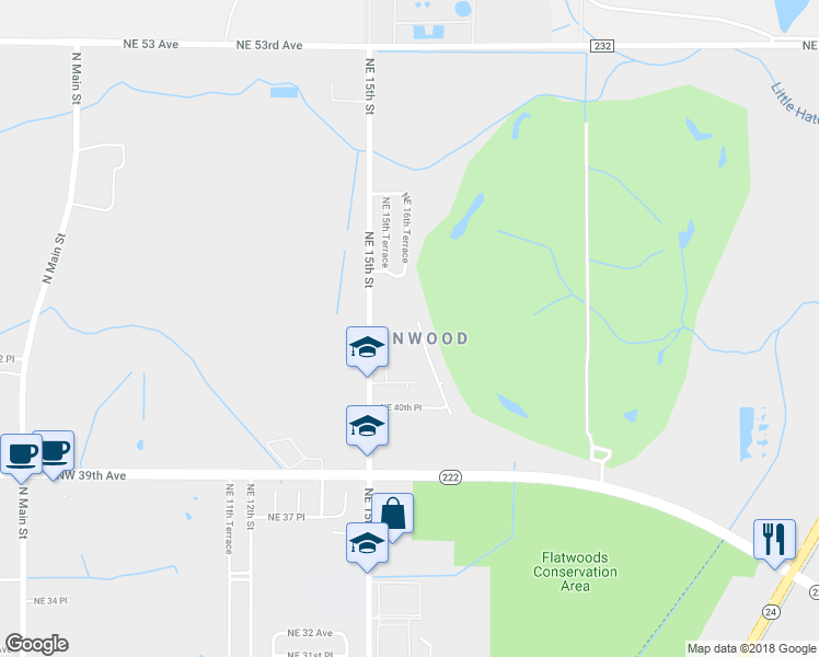 map of restaurants, bars, coffee shops, grocery stores, and more near 4307 Northeast 17th Terrace in Gainesville