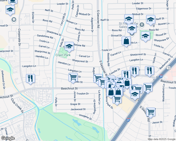 map of restaurants, bars, coffee shops, grocery stores, and more near 8814 Hendon Lane in Houston
