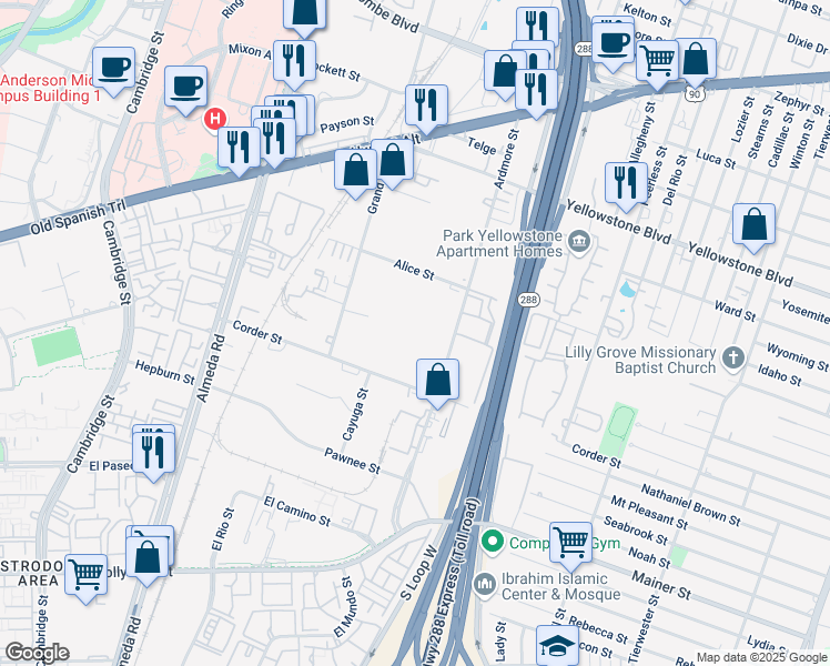 map of restaurants, bars, coffee shops, grocery stores, and more near 7210 Ardmore Street in Houston