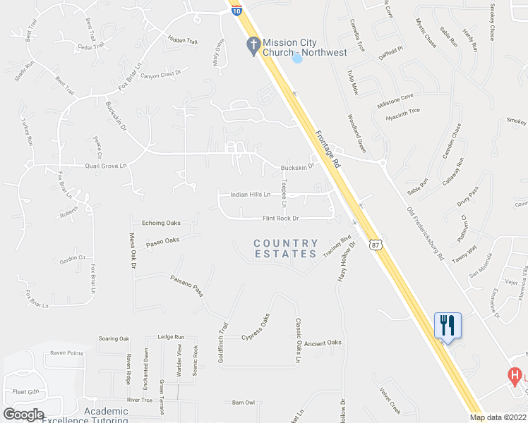 map of restaurants, bars, coffee shops, grocery stores, and more near 8606 Indian Hills Lane in Boerne