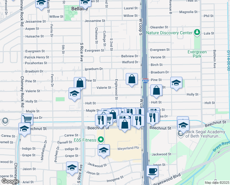 map of restaurants, bars, coffee shops, grocery stores, and more near 4900 Holly Street in Bellaire