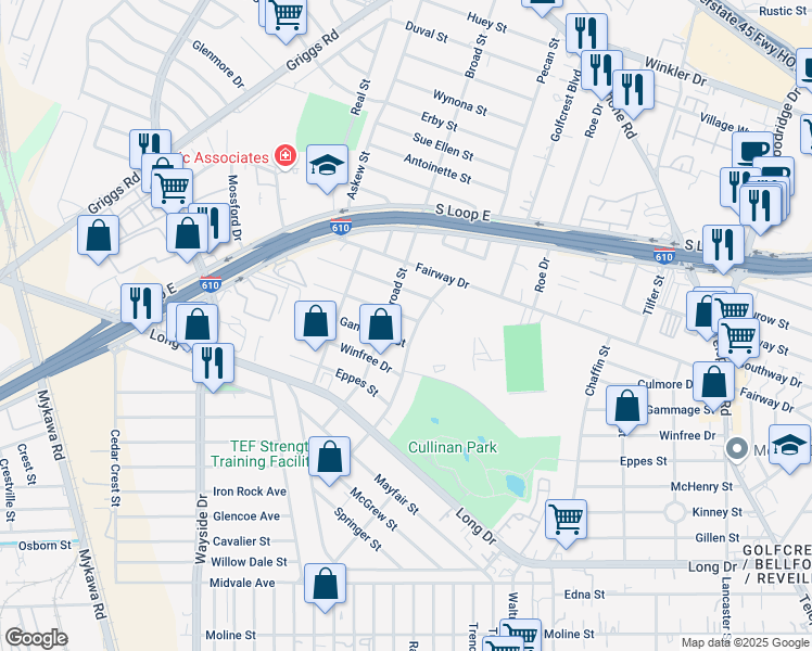 map of restaurants, bars, coffee shops, grocery stores, and more near 6511 Culmore Drive in Houston