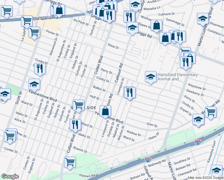 map of restaurants, bars, coffee shops, grocery stores, and more near 6409 Paris Street in Houston