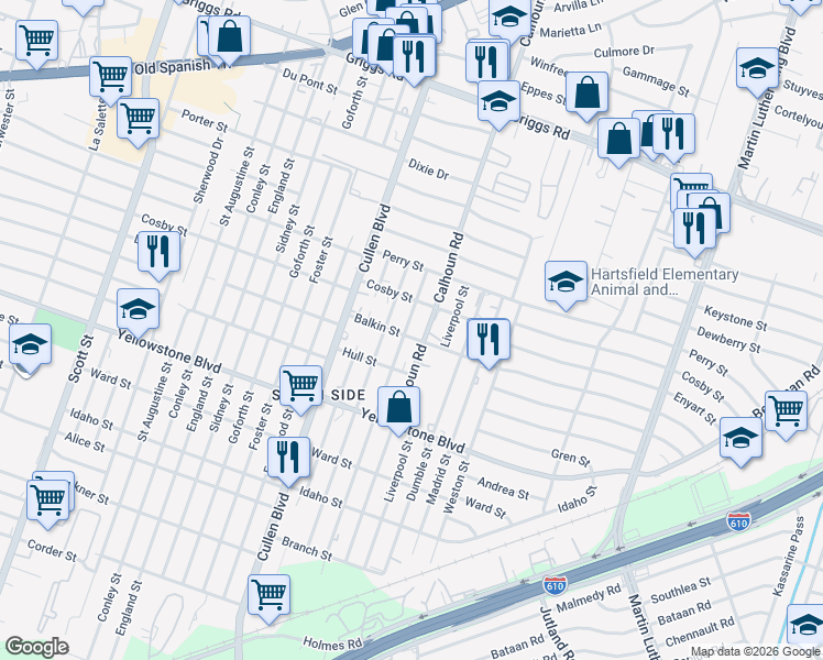map of restaurants, bars, coffee shops, grocery stores, and more near 6409 Paris Street in Houston