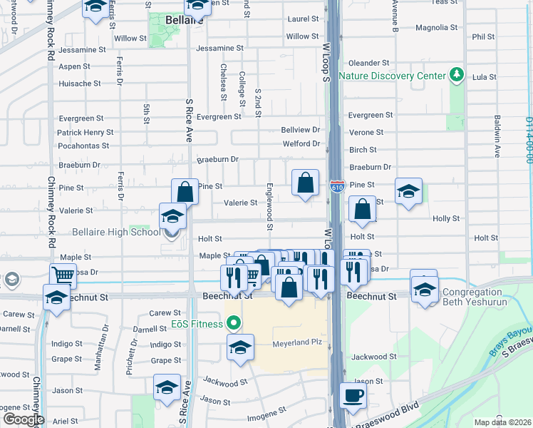 map of restaurants, bars, coffee shops, grocery stores, and more near 4900 Valerie Street in Bellaire