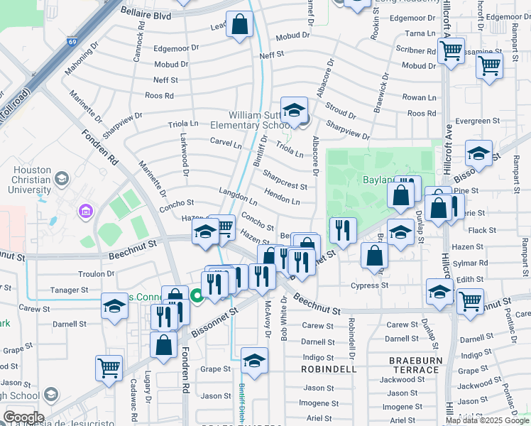 map of restaurants, bars, coffee shops, grocery stores, and more near 6809 Hendon Lane in Houston