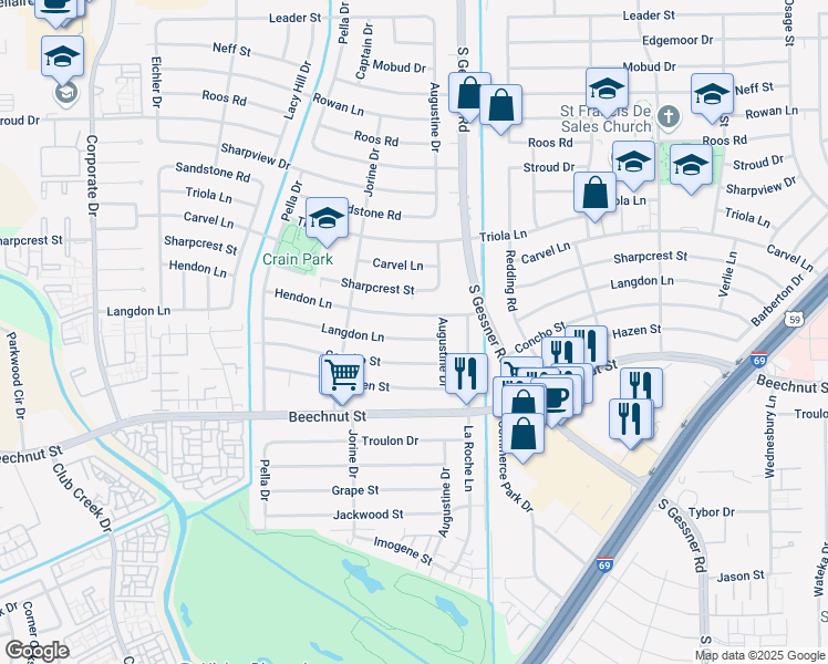 map of restaurants, bars, coffee shops, grocery stores, and more near 8814 Hendon Lane in Houston