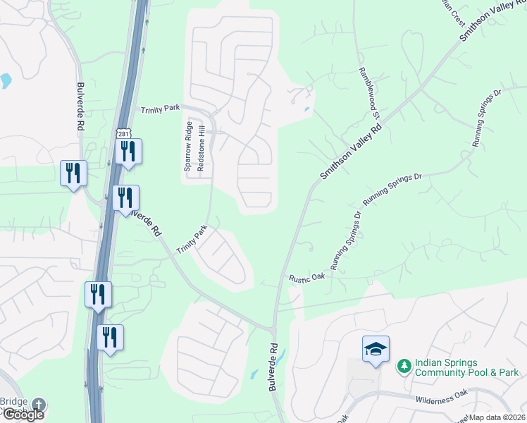 map of restaurants, bars, coffee shops, grocery stores, and more near 2717 Tuscan Crest in San Antonio