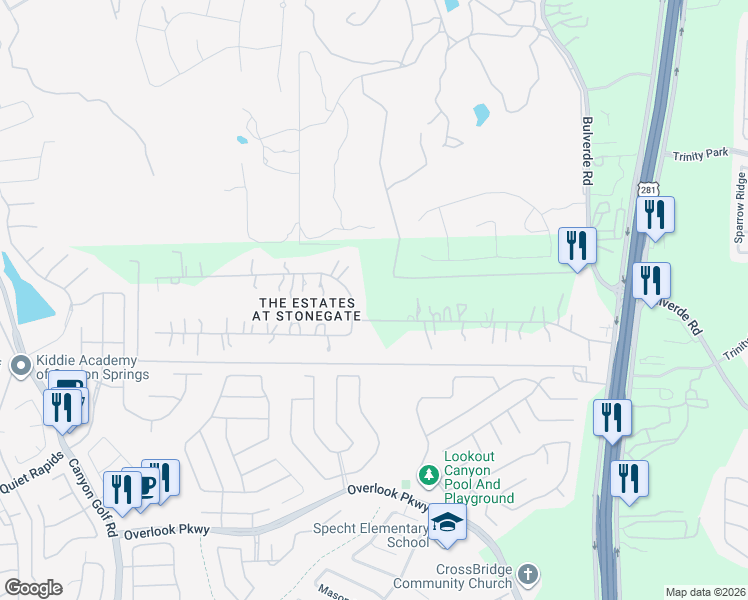 map of restaurants, bars, coffee shops, grocery stores, and more near 2307 Estate Gate Drive in San Antonio