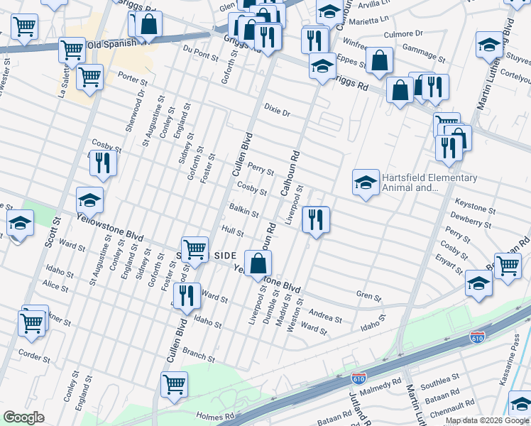 map of restaurants, bars, coffee shops, grocery stores, and more near 6409 Paris Street in Houston