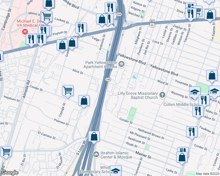 map of restaurants, bars, coffee shops, grocery stores, and more near 3310 Alice Street in Houston