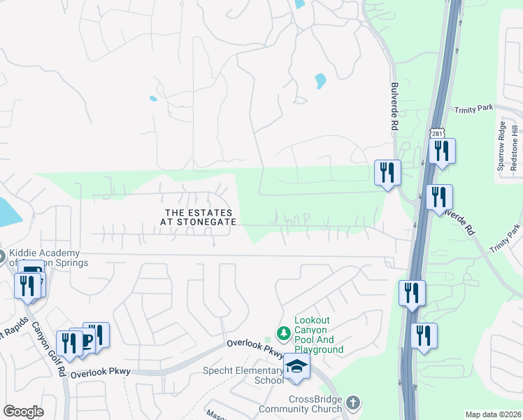 map of restaurants, bars, coffee shops, grocery stores, and more near 2307 Estate Gate Drive in San Antonio