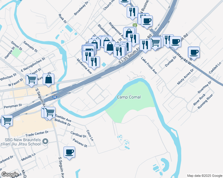map of restaurants, bars, coffee shops, grocery stores, and more near 586 Granada Drive in New Braunfels