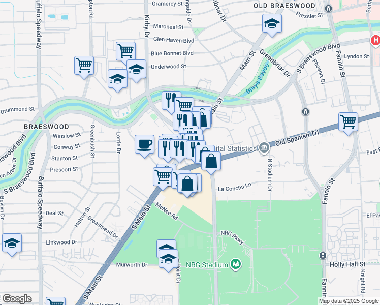 map of restaurants, bars, coffee shops, grocery stores, and more near 8011 Main Street in Houston