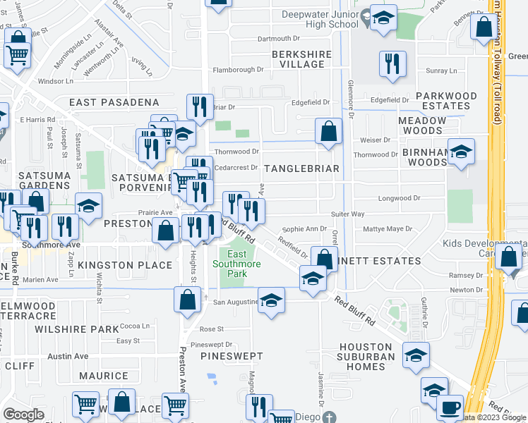 map of restaurants, bars, coffee shops, grocery stores, and more near 3207 Suiter Way in Pasadena