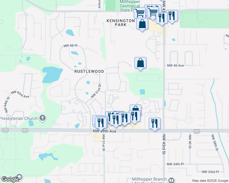 map of restaurants, bars, coffee shops, grocery stores, and more near 5046 Northwest 43rd Avenue in Gainesville
