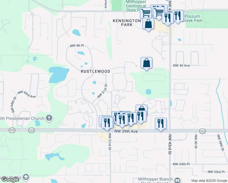 map of restaurants, bars, coffee shops, grocery stores, and more near 5075 Northwest 43rd Avenue in Gainesville