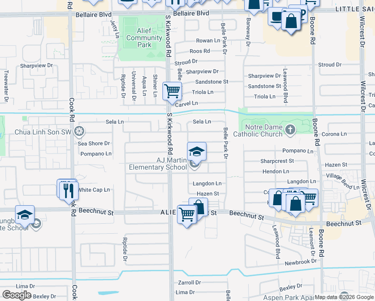 map of restaurants, bars, coffee shops, grocery stores, and more near 11726 Pompano Lane in Houston