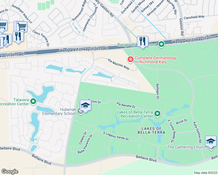 map of restaurants, bars, coffee shops, grocery stores, and more near 24315 Bludana Lane in Richmond